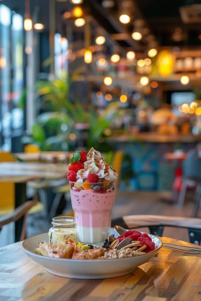 een kleurrijke en overvloedige ontbijttafel vol creatieve havermoutgerechten, waaronder romige smoothies, smakelijke snacks en een verscheidenheid aan gezonde desserts, prachtig verlicht door warm ochtendlicht.