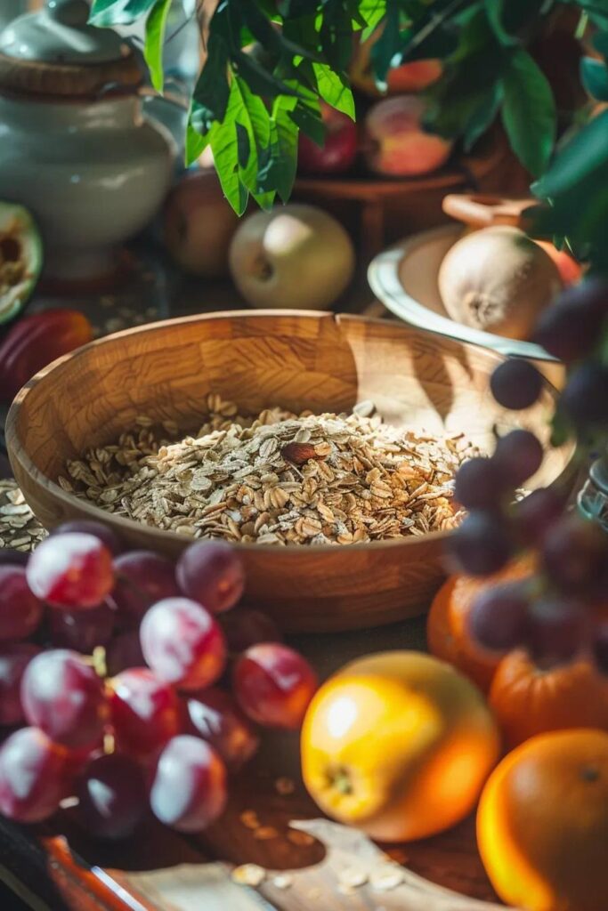 een uitnodigende kom met romige havermout, omringd door verse fruitsoorten en noten, gevangen in warm, natuurlijk licht dat de gezondheidsvoordelen benadrukt.