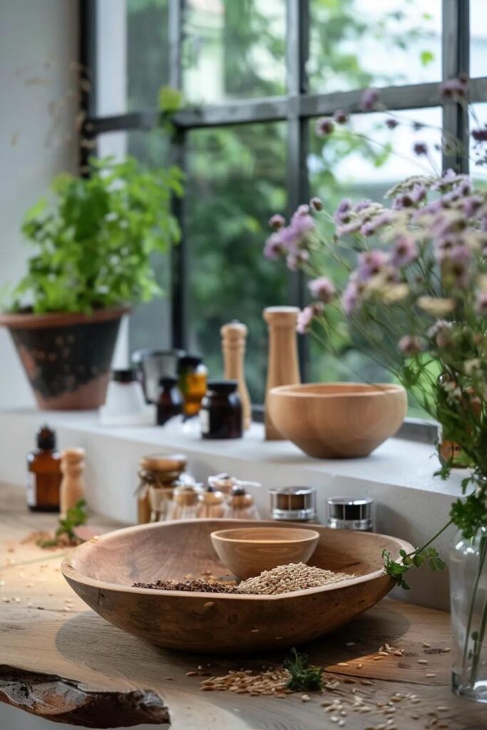 een warmt smakelijk kom havermoutpap, omringd door kleurrijke bessen en noten, gepresenteerd op een houten tafel met een zachte, natuurlijke lichtinval, die de gezonde voordelen van havermout als basis voor een energiek ontbijt benadrukt.