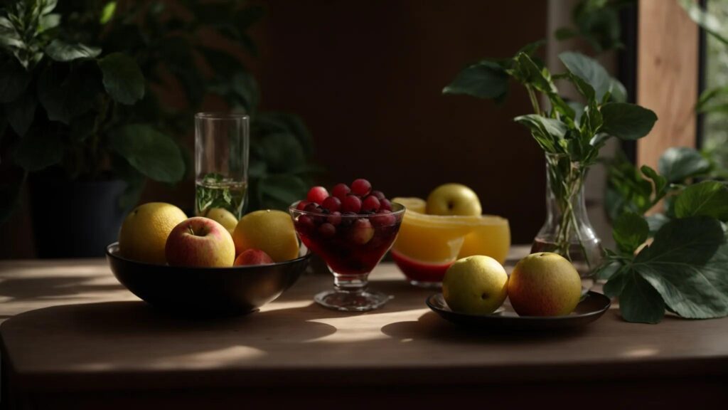 een heldere en uitnodigende weergave van een kleurrijke fruitschaal met appels en een glas frisdrank, afgebeeld tegen een zachte, natuurlijke achtergrond, die het contrast tussen gezonde en minder gezonde koolhydraten symboliseert.