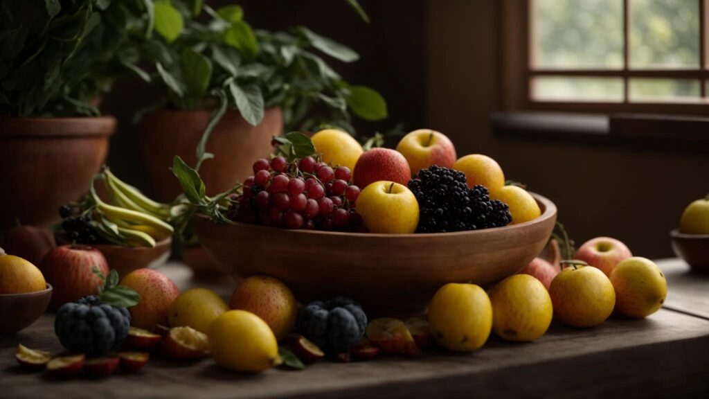 een kleurrijke en uitnodigende fruitschaal met sappige sinaasappels, diverse bessen en rijpe bananen, waar het zonlicht subtiel op de natuurlijke suikers staat te schitteren, benadrukt de gezonde keuze voor een gebalanceerd dieet.