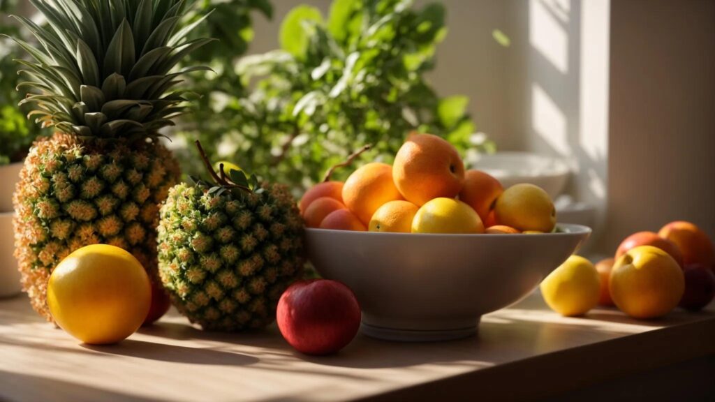 een kleurrijke fruitschaal gevuld met frisse vruchten en volkorenproducten, belicht door warm zonlicht, die de energie en gezondheid symboliseert die koolhydraten bieden voor actieve levensstijlen.