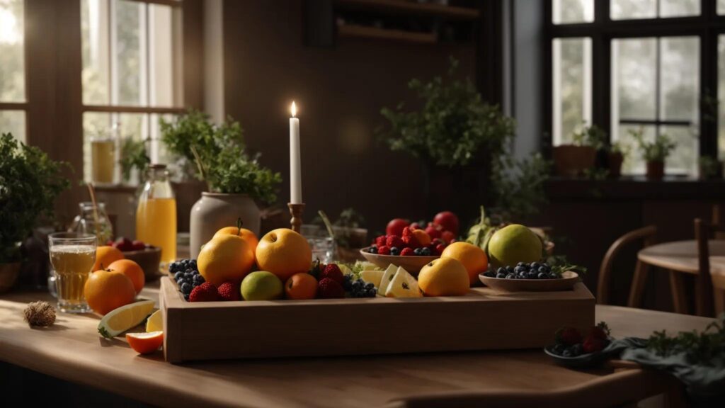 een levendige en kleurrijke schotel vol met verse volkorenproducten, groenten, peulvruchten en sappig fruit, mooi gepresenteerd op een houten tafel, belicht door warm natuurlijk licht dat de gezonde en voedzame essentie uitstraalt.