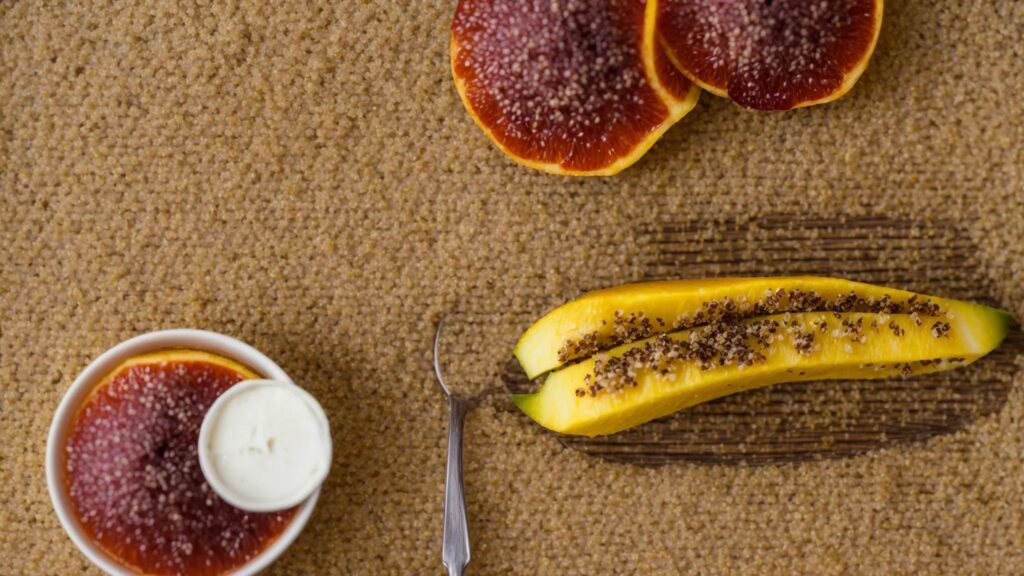 een levendige tafel vol met kleurrijke en gezonde voedingsmiddelen, zoals quinoa, volkorenbrood en rijpe bananen, die de ideale balans van koolhydraten en voedingsstoffen voor een gezond dieet benadrukken.